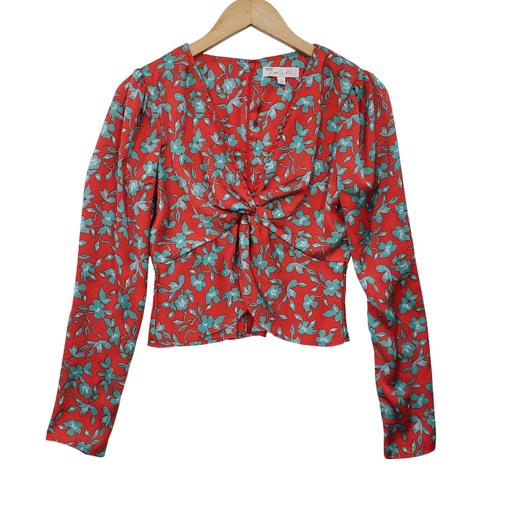 Love Whit Floral Blouse Womens‎ Size S Red Teal Twist Front Long Sleeve Top Boho